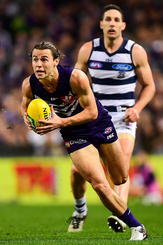 AFL 2016 Rd 17 - Fremantle v Geelong PERTH, AUSTRALIA - JULY 15: Lachie Weller of the Dockers in action during the 2016 AFL Round 17 match between the Fremantle Dockers and the Geelong Cats at Domain Stadium on July 15, 2016 in Perth, Australia. (Photo by Daniel Carson/AFL Media)